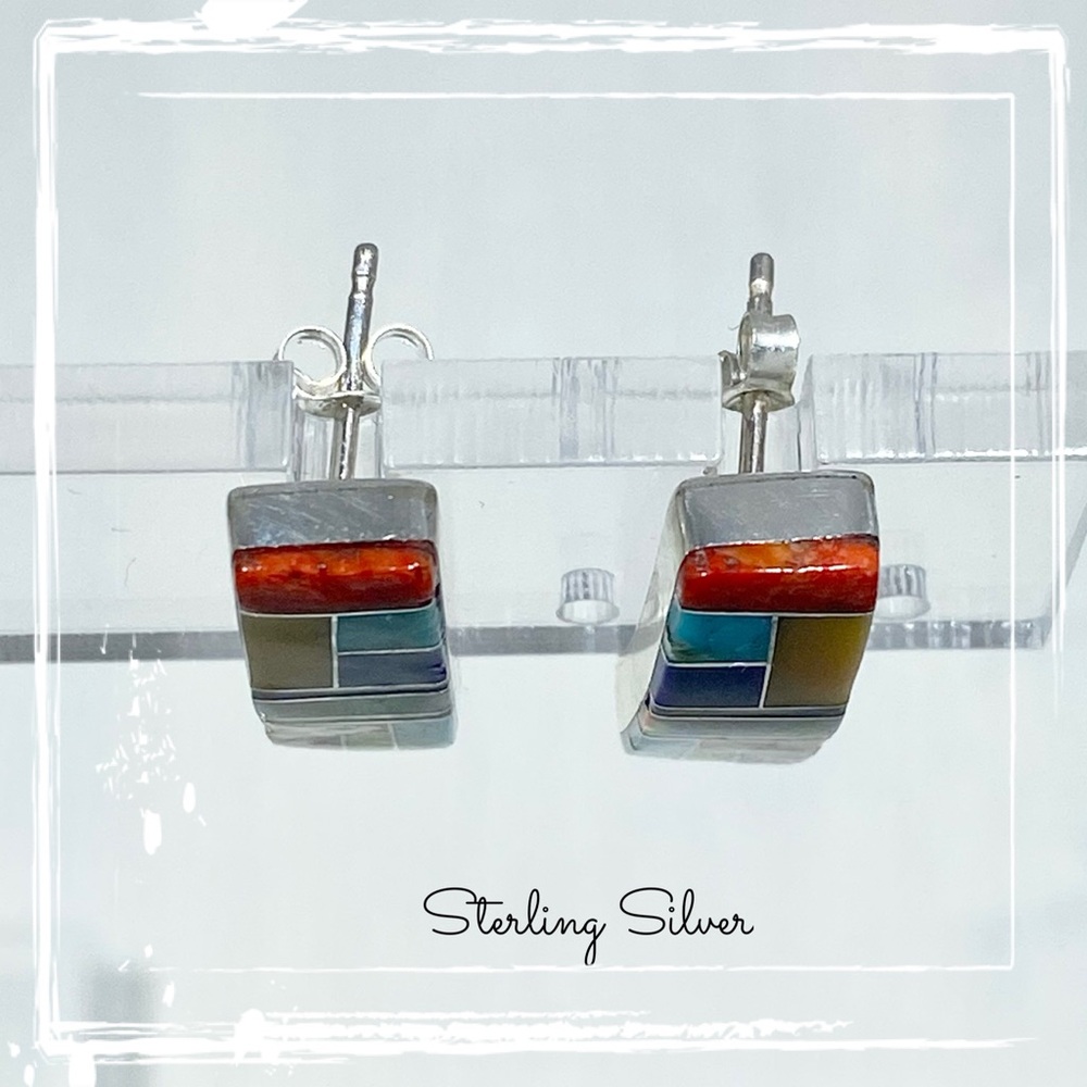 Signed-SM Multi Stone Inlaid Curve Sterling Silver Post Back Native Earrings - Picture 5 of 10